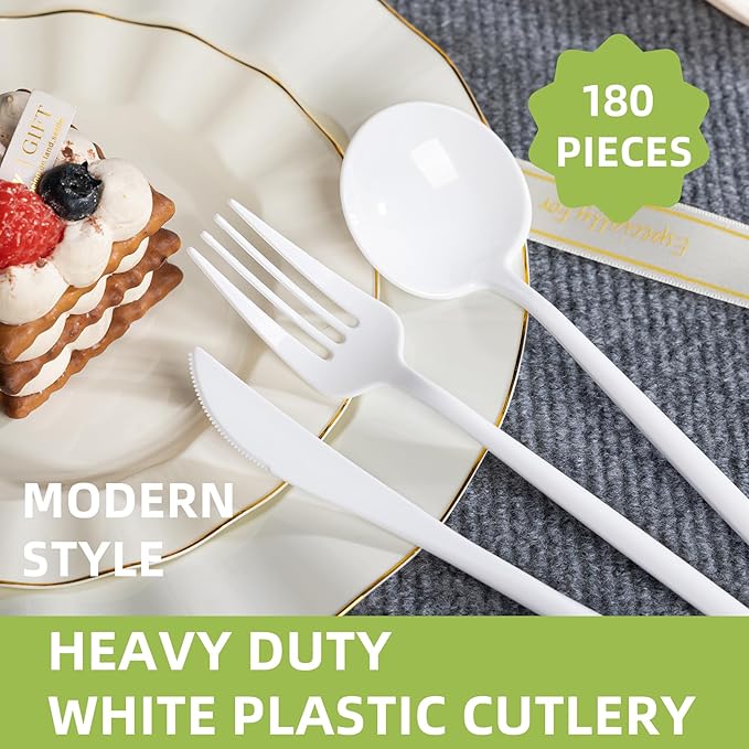 180PCS White Plastic Silverware,Heavy Duty Disposable Utensils Include 60 Forks,60 Spoons and 60 Knives,White Cutlery Plastic Silverware Sets for Party, Birthday,Wedding