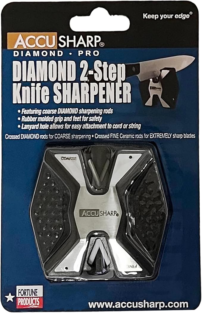 AccuSharp Diamond Pro 2-Step Knife Sharpener, Restores, Hones & Sharpens Blade’s Edge, 2-Step Coarse & Fine Rods for Kitchen Knives & All Types of Blades, Compact & Portable Knife Keychain Tool, Black