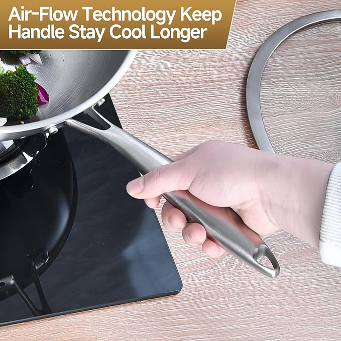 LOLYKITCH 14.5 Inch Stir-Frying Wok Pan, Tri-Ply Stainless Steel Induction Cooking Wok Pan,Dishwasher and Oven Safe,Heavy Duty and Detachable Handle.