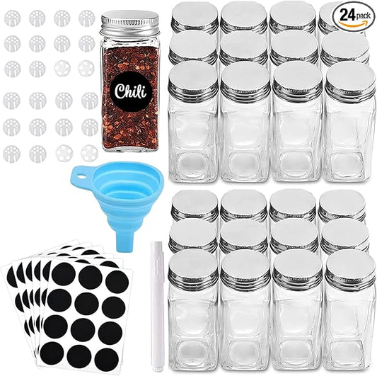 RoyalHouse 24 Pcs Glass Spice Jars/Bottles - 4oz Empty Square Spice Containers with Spice Labels and Airtight Metal Caps with Shaker Lids