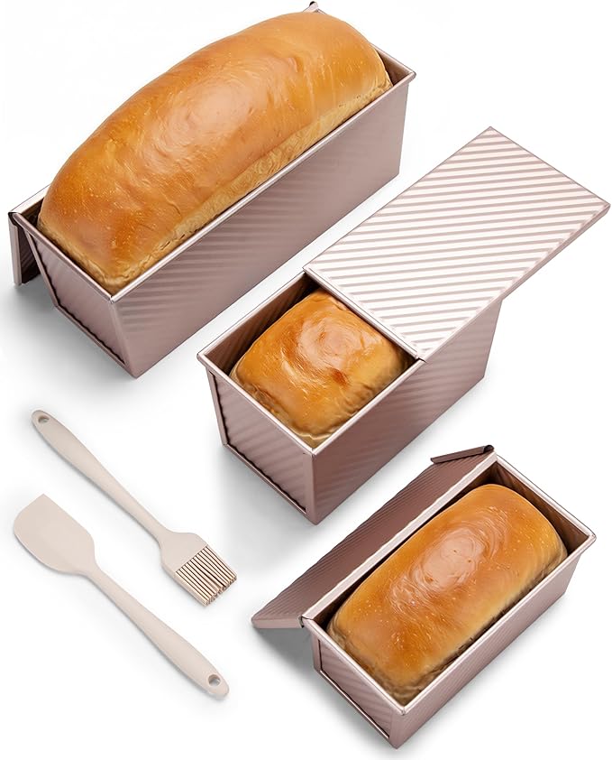 CARTMAN 3-Piece Pullman Loaf Pan with Lid Set – Non-Stick Carbon Steel Bread Pan with Bottom Vents – Includes Large (12.4"), Medium (8.2") & Mini (6.3") Sizes plus Silicone Tools – Champagne Gold