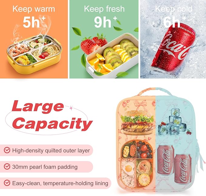 Aileam Lunch Box Lunch Bag for Women Cute Girls Insulated Womens Lunch Bag For Work Quilted Large Capacity Reusable Insulated Cooler for Work School Picnic Travel BOWS & ROSES