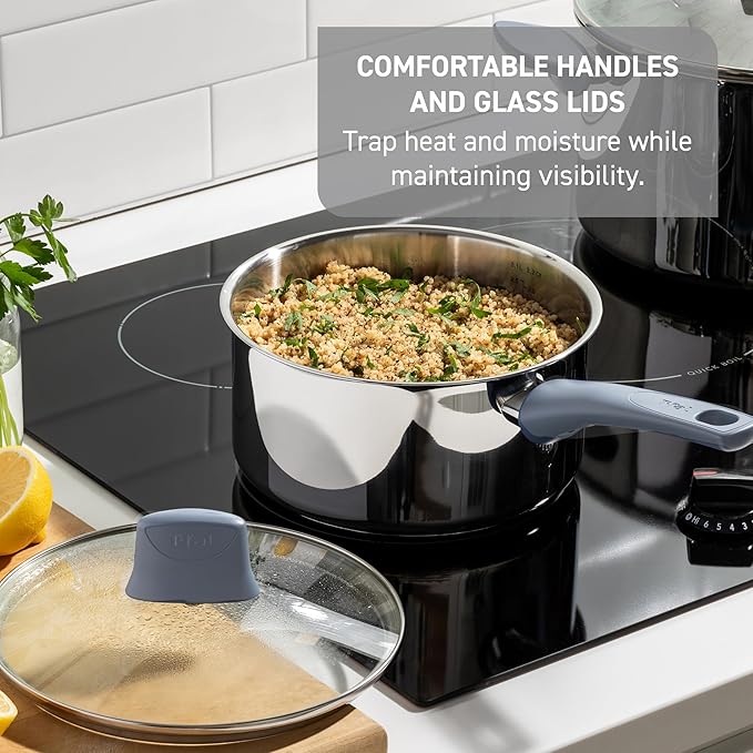 T-fal Essentials Stainless Steel Saute Pan with Lid 3.5 Quart, Induction Compatible, Oven Safe 350F, Perfect For Sautéing, Browning, & Simmering, Saucepan, Measuring Marks, Dishwasher Safe Silver/Blue