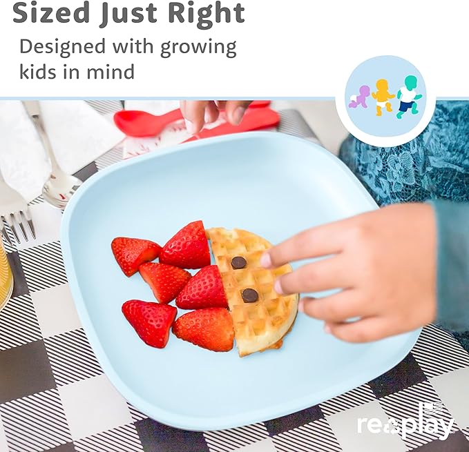Re-Play Toddler Plates - 22 Oz. Deep-Walled Flat Kids Plates - Dishwasher & Microwave Safe - Made in USA - Set of 3-7.37" x 7.37" x 1.25" - Monochrome