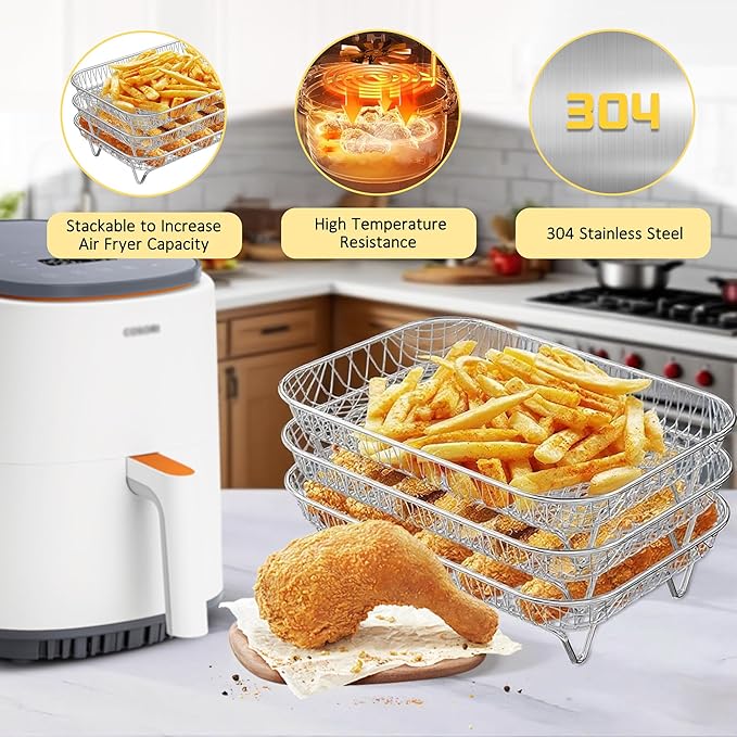 Air Fryer Rack, Stackable Stainless Steel Air Fryer Basket, 3 Layers Cooling Racks for Oven Press Cooker, Rectangle AirFryer Accessories (7.6"Lx5.3"Hx3.7"H)
