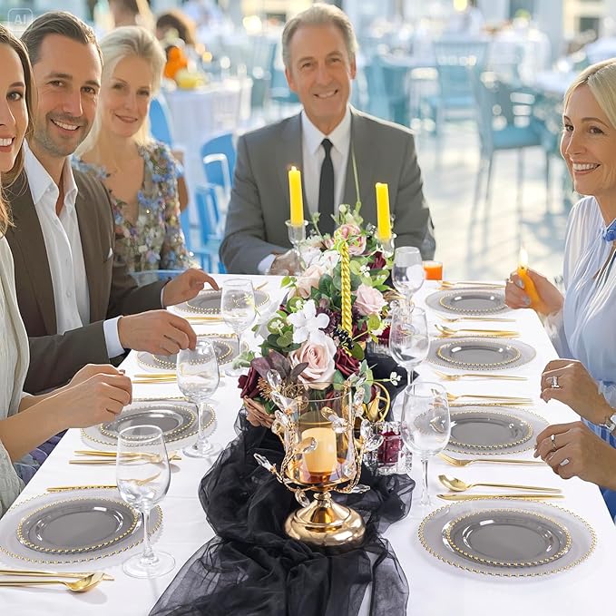EI 60pcs Clear Black and Gold Plastic Plates Disposable Plates Heavy Duty,10" Dinner & 7" Dessert Clear Black Plate Perfect Wedding,Party,Birthday,Anniversary,Business Events
