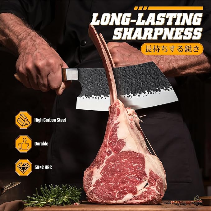Huusk Butcher Knife Set - Hand Forged Meat Cleaver & Boning Viking Knives & Chef Utility Knives, Japanese Chef Knife Set with Bag for Camping, BBQ, Christmas Gifts for Men Women