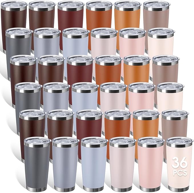 Sieral 36 Pack Stainless Steel Tumblers Bulk with Lids Double Wall Vacuum Insulated Coffee Cups Blank leakproof Powder Coated Tumblers for Engraving Wedding Graduation Party Favors(20 oz,Brown Gray)