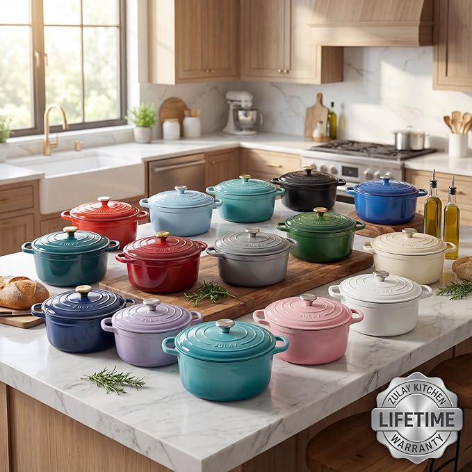 Zulay Kitchen 6 Quart Enameled Cast Iron Dutch Oven Pot with Lid – Premium Durability & Oven Safe up to 500°F – Heavy Duty Cookware Perfect for Bread Baking, Stews, Braising & Roasting - Light Blue
