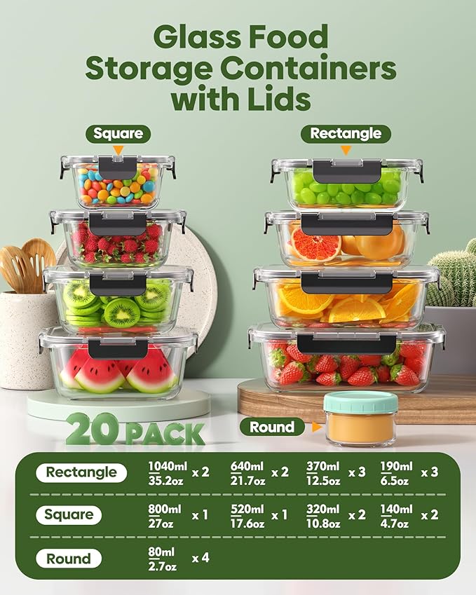 40 PCS Glass Food Storage Containers with Lids(20 Container & 20 Lid), Borosilicate Glass Meal Prep Containers for Kitchen Storage and Organization, BPA-Free, Leak Proof, Reusable