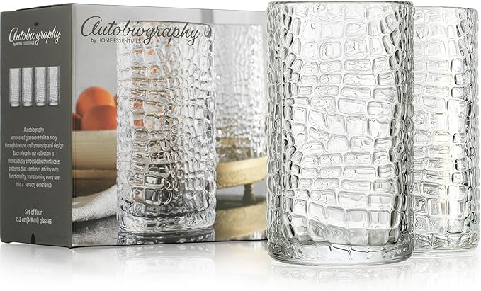 Glaver's Highball Drinking Glasses, Set of 4 Clear 15 Ounce Patent Crackle Design Textured Drinking Glasses Heavy Duty premium Glassware for Everyday Home, Bar use