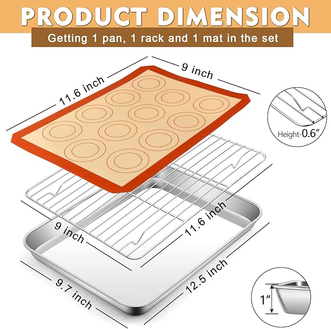 P&P CHEF 12.5 Inch Baking Oven Sheet Pan with Rack & Mat for Cookie, Stainless Steel Oven Sheet Tray Cooling Rack and Silicone Mat for Baking & Roasting, Dishwasher Safe & Healthy, 3Pcs