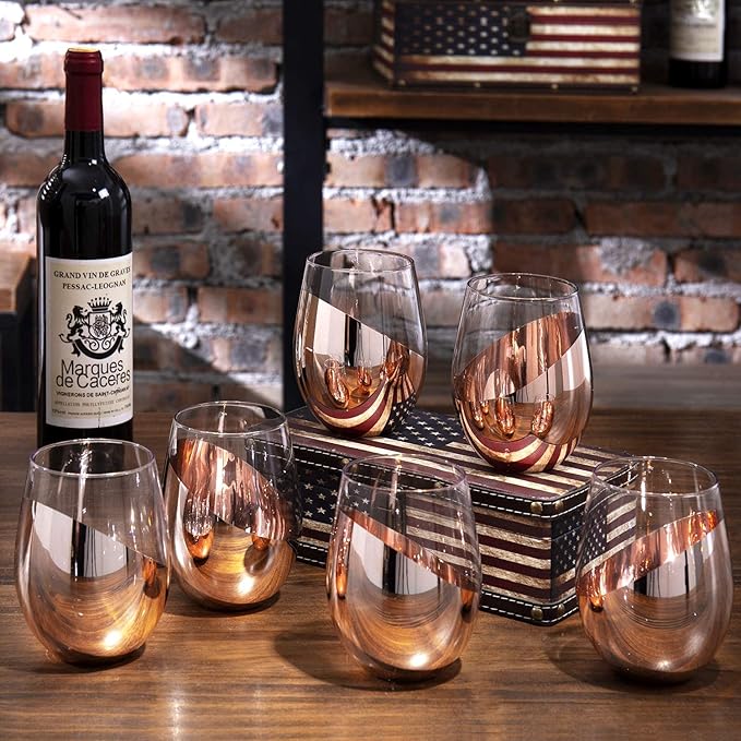 MyGift Stemless Wine Glasses Set of 6 - Copper Metallic Bottom Angled Design, Modern Barware for Red & White Wine, Dishwasher Safe Entertaining Glasses