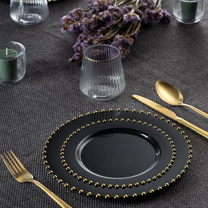 PLASTICPRO 32 Piece Combo Plastic Dinner Plates Disposable Plastic Fancy Heavy Duty Party Dishes 7 inch and 10 inch, Black and Gold Beaded