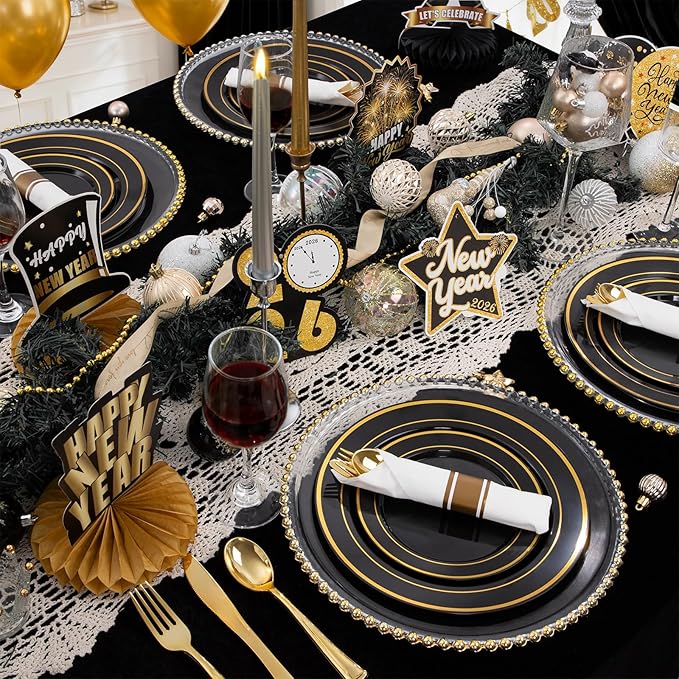 WDF 200PCS Black and Gold Plastic Plates - Black Plates Disposable for Party - Heavy Duty Plastic Plate for Graduation Wedding Party Birthday