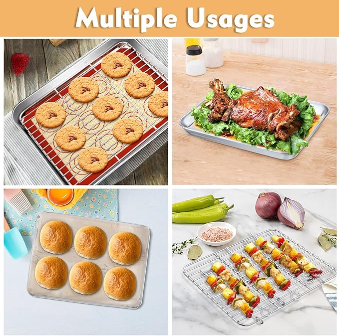 P&P CHEF 9 Inch Baking Oven Sheet Pan with Rack & Mat for Cookie, Stainless Steel Oven Sheet Tray Cooling Rack and Silicone Mat for Baking & Roasting, Dishwasher Safe & Healthy, 3Pcs