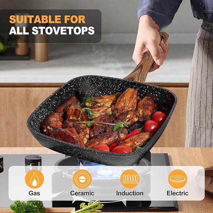 OLIXIS Nonstick Frying Pan Skillet Set, 3 Piece Square Grill Pans for Indoor Outdoor RV Camping Cooking, PFOA Free Skillet Set with Stay Cool Handle, Compatible with All Stovetops (9.5" 10" 11") Black