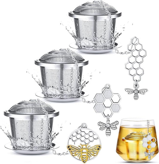 3 Sets Tea Infusers Steeper for Loose Leaf Tea Holder Stainless Steel Tea Ball Mesh Strainer Filters with Drip Trays and Pendant(Bee Style)
