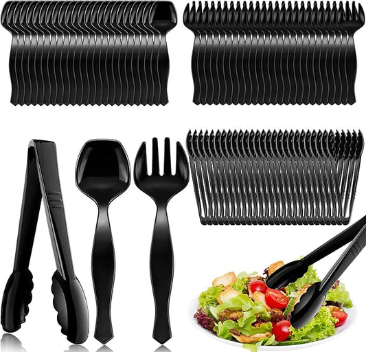 Mwellewm 72Pcs Plastic Serving Utensils Set Large Disposable Serving Spoons Fork and Tongs for Serving Food 8.5'' Heavy Duty Black Party Utensil Supplies for Buffet Restaurant Picnic Dinner Salad Soup