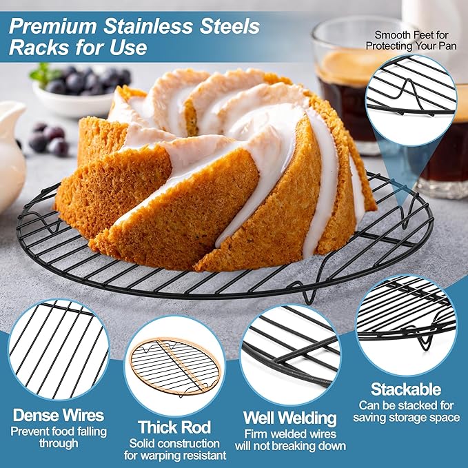 P&P CHEF Round Cooling Rack Set, Round Wire Racks for Cooking Baking, Fit Air Fryer & Oven, Stainless Steel Core with Nonstick Coatings, Black, 3 PCS - 7.5 & 9 & 10.5 Inch