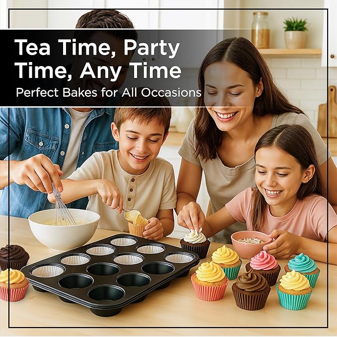 Wrenbury Nonstick Muffin Pan 12 Cup – Deep Cupcake Yorkshire Pudding Tin, PTFE & PFOA Free Carbon Steel, Warp Resistant Baking Tray for Even Bakes