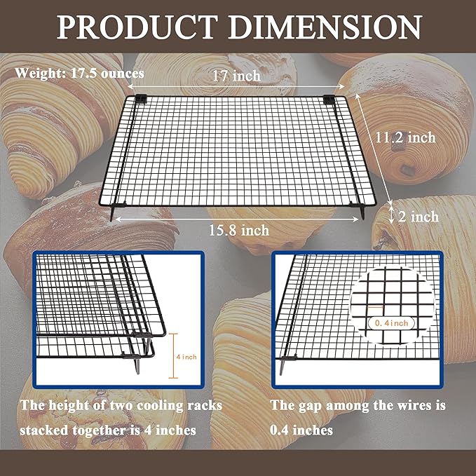 Set of 2 Cooling Racks with Folding Legs，for Cooking, Roasting, Drying, Rust-Resistant Non-Stick Cooling Grilling for Baking，17 x 11.2 inches，Black(2)