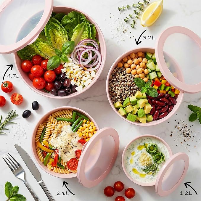 BoxedHome Mixing Bowls with Lids Set, 4 Packs BPA-Free Plastic Prep Bowls for Kitchen, Dishwasher & Microwave Safe, Pink