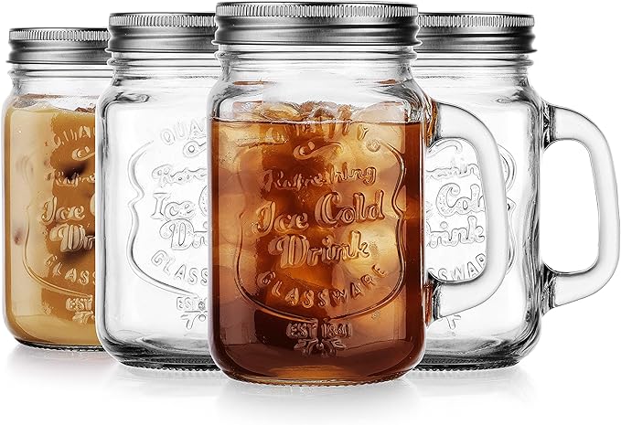 Glaver's Mason Drinking Jars – Set of 4, 15.25 Oz Clear Glass Jar with Handle and Lid. – Ice-Cold Drink Glassware Logo – Glass Mugs Ideal for Cold Beverages, Juice, Smoothie, Cocktails.