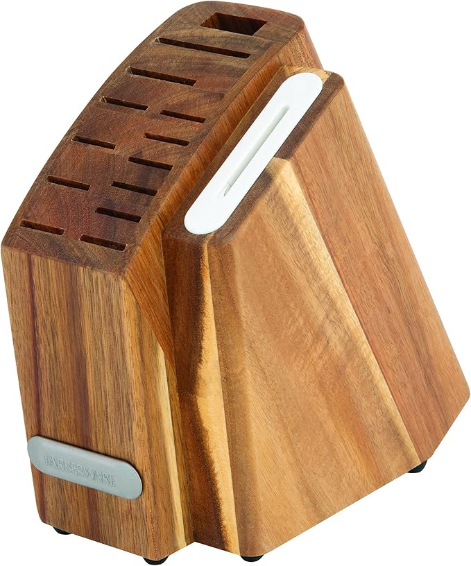 Farberware Edgekeeper Triple Riveted Slim Acacia Knife Block Set with Built in Sharpener, 14-Piece, White