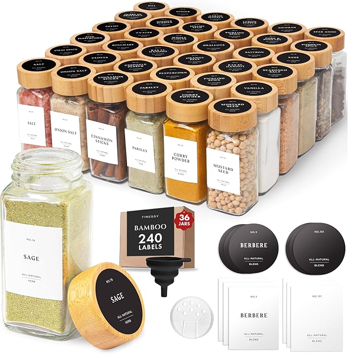 FINESSY Glass Spice Jars with Label with Bamboo Lids 36 Pack Set, 4oz Empty Clear Glass Spice Bottles with Shaker Lids, Airtight Kitchen Seasoning Organizer Jars, Herb Seasoning Containers with Labels
