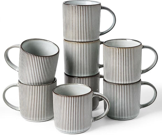 famiware Coffee Mug Set for 8, Star 12 oz Catering Mugs Cup Set with Handle for Coffee, Tea, Cocoa, Milk - Ceramic Stoneware Drinkware Set, Smoky Blue