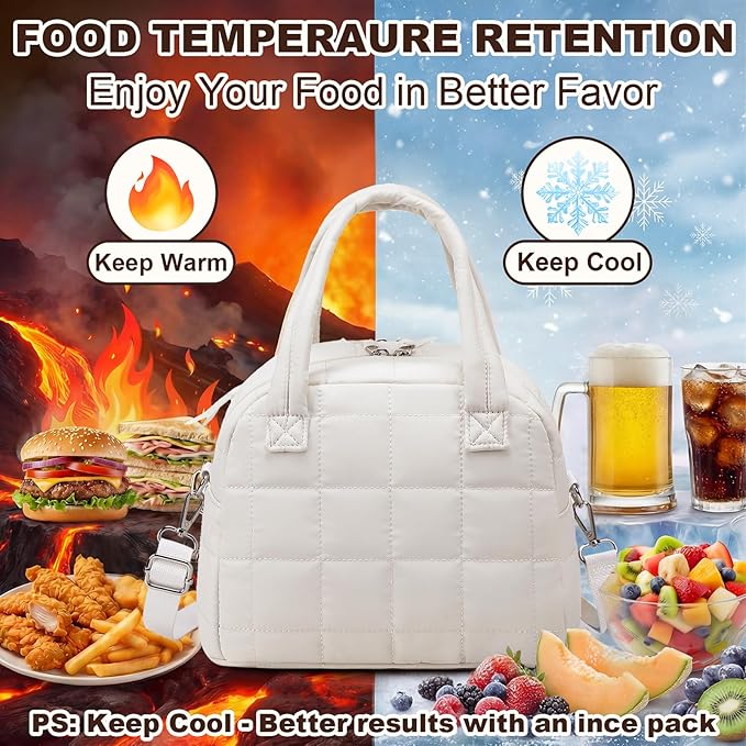 LEDAOU Lunch Box for Women Lunch bag Quilted Puffer Lunch Box with Adjustable Strap Insulated Reusable LunchBox for Work School Picnic Travel