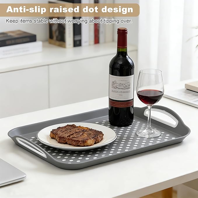 Non Slip Lap Trays with Handles, Set of 2 Food Trays for Eating on Couch, Dishwasher Safe Rectangular Serving Trays for Dinner, Breakfast & Snacks (Gray)