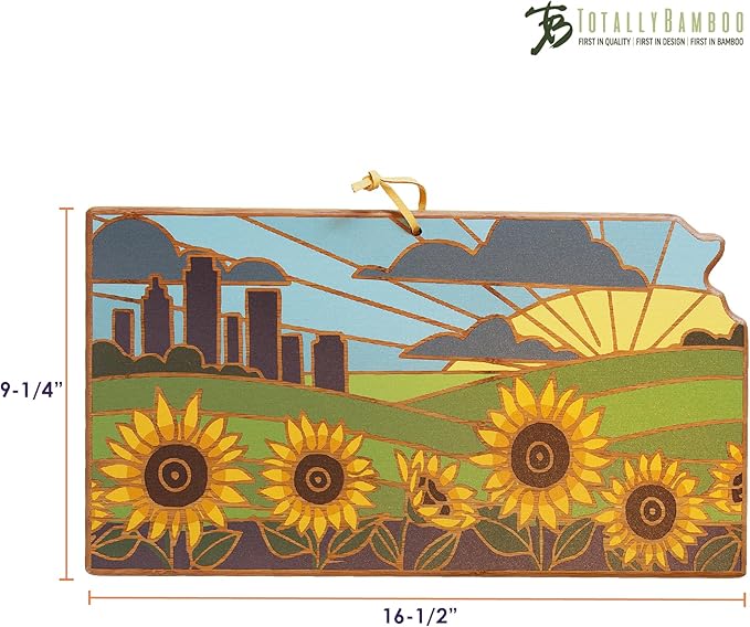 Totally Bamboo Kansas State Shaped Cutting Board and Charcuterie Serving Platter with Artwork by Summer Stokes, Includes Hang Tie for Wall Display