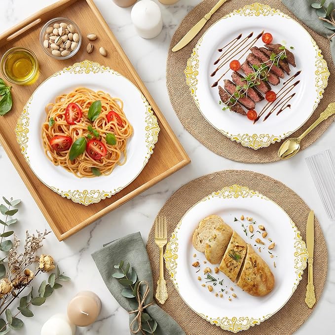 200PCS White and Gold Plates - Gold Plastic Plates - Fancy Disposable Plate - Gorgeous 10inch Dinner & 7.25inch Dessert Plate for 100 Guests for Wedding & Party