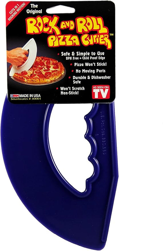 Rock'n Roll Pizza Cutter, Plastic, Non-Stick, Rocking, 9 inch, Easy Clean, Dishwasher Safe, Handheld Pizza Slicer, Easier Slicing Tool, Baking, Pastry Bread Cutting Knife, Made in USA, Cobalt Blue