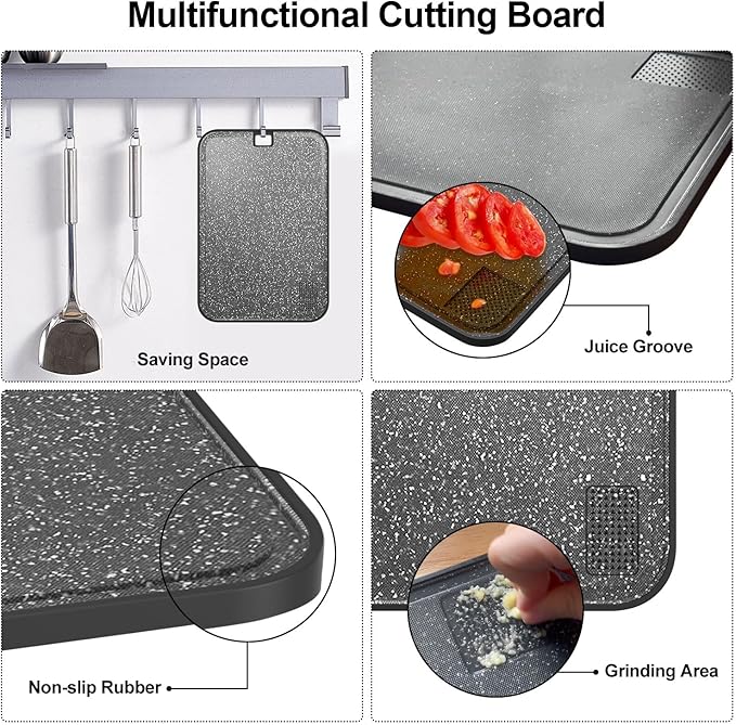 Plastic Cutting Board Dishwasher Safe, 15 x 10 inch Large Cutting Board for Meat with Juice Grooves, Non-Slip, Reversible and Knife-Friendly Cutting Board Household Essentials（Black）