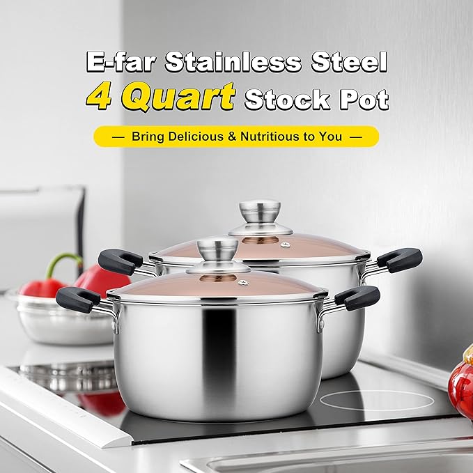 E-far 4 Quart Stock Pot, Stainless Steel Metal Soup Pot with Glass Lid for Cooking, Healthy & Rust Free, Heavy Duty & Dishwasher Safe