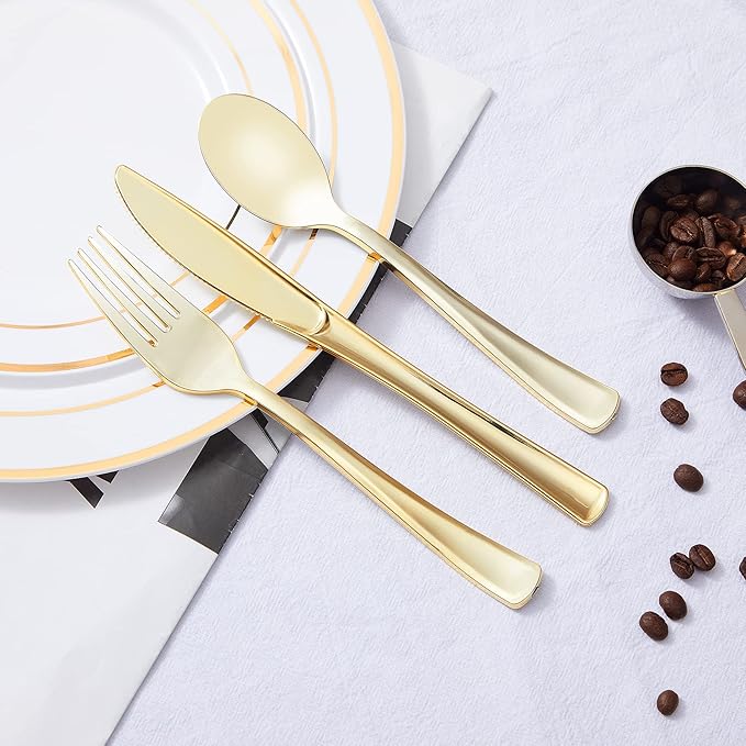 N9R 100PCS Gold Plastic Silverware - Gold Plastic Cutlery Set Disposable Flatware Dinnerware -50 Forks, 25 Spoons, 25 Knives for Party, Birthday, Wedding
