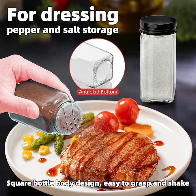 2Pcs 4oz Glass Spice Jars with Shaker Lids, Spice Jars Trial Set & Supplement Set, Empty Spice Containers and Square Spice Bottles for Kitchen (black iron Lids)
