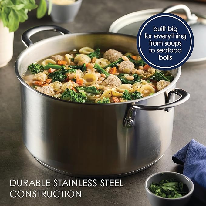 Rachael Ray Professional Stainless Steel Stockpot with Lid, Compatible with All Cooktops, Induction Ready, Dishwasher Safe, 6 Quart Stock Pot - Stainless Steel