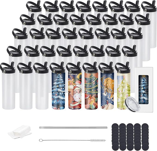 20oz sublimation sport tumblers blanks ，flat edge sublimation tumblers，double wall stainless steel insulted cup，for Heat Transfer, White (40, with flex handle lid)