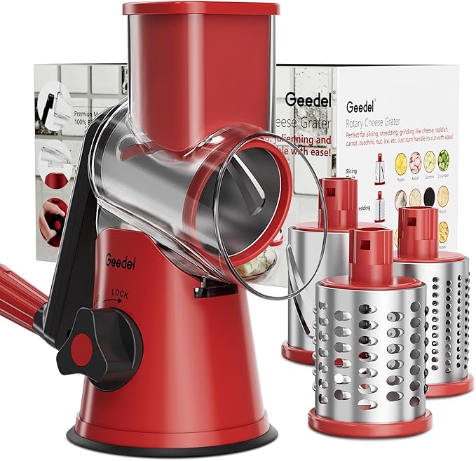Geedel Rotary Cheese Grater, Kitchen Mandoline Vegetable Slicer with 3 Interchangeable Blades, Easy to Clean Grater for Fruit, Vegetables, Nuts
