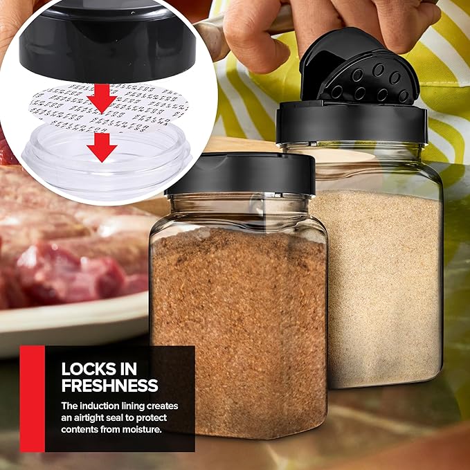 6 Pack 14 oz Plastic Spice Jars, Empty Seasoning Containers for Homemade Rub, Spices, Glitter, and More, Small Spice Containers with Black Shaker Lids and Heat-Induction Liner, Clear Spice Jars