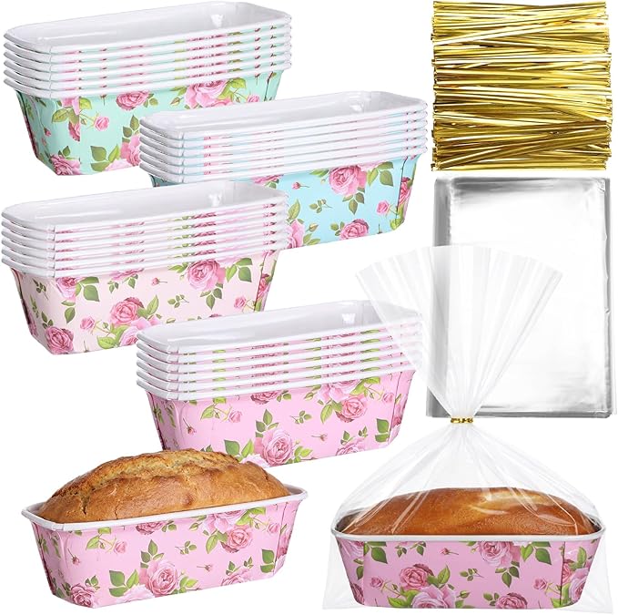 LemonRoad 24 Sets Spring Paper Loaf Pan for Baking 6.3 x 2.2 x 2.2 Inch Small Disposable Rose Flower Baking Pans with Clear Plastic Bags and Ties Rectangle Cake Mold for Bread Tea Party Supply Gift