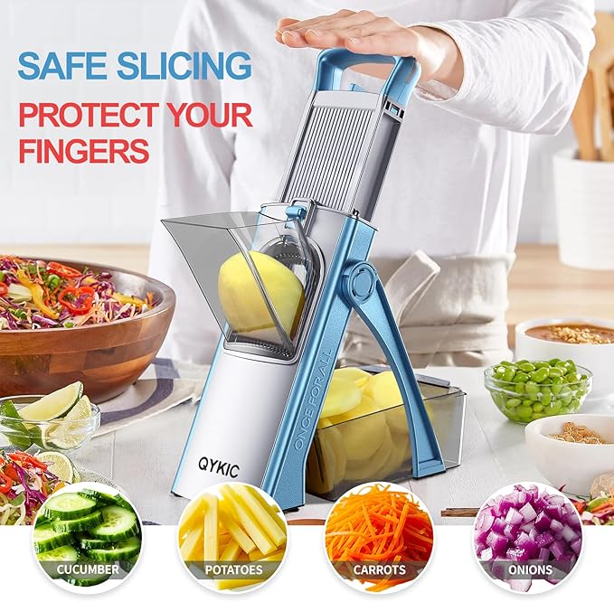 Upgrade Safe Mandoline Slicer With Spiralizer for Kitchen, Vegetable Chopper Food Cutter, Potato Slicer Thickness Adjuster, French Fry Cutter, Veggie Dicer Faster for Meal Prep Blue