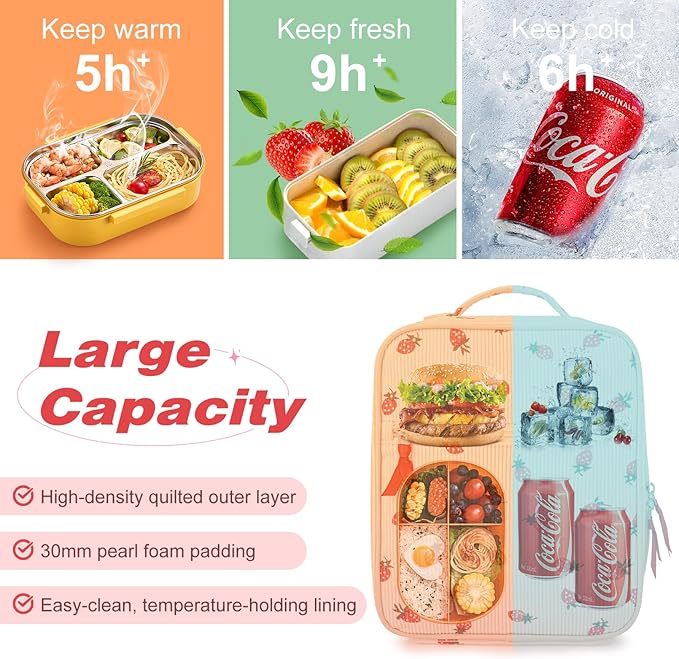 Aileam Lunch Box Lunch Bag for Women Cute Girls Insulated Womens Lunch Bag For Work Quilted Large Capacity Reusable Insulated Cooler for Work School Picnic Travel Strawberry Beige