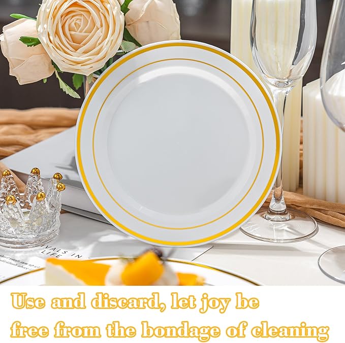 200PCS Gold Plastic Plates, Disposable Party Plates with Gold Rim, Include 100 Dinner Plate and 100 Elegant Dessert Plate for Party and Wedding