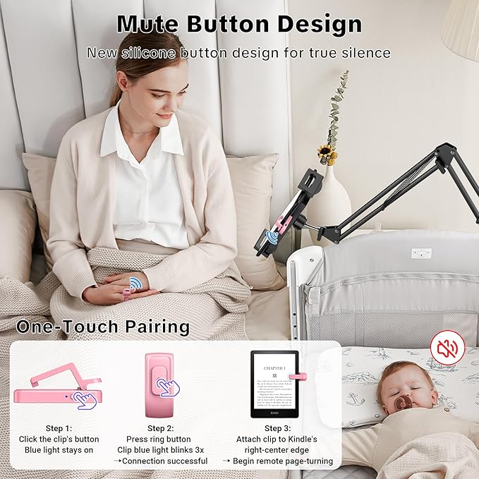 Remote Page Turner Ring for Kindle Paperwhite Oasis Scribe Kobo,Designed for Thick Cases Clicker Page Turner Camera Remote for iPhone iPad Android Tablets Reading Novels Comics with Storage Bag-Pink