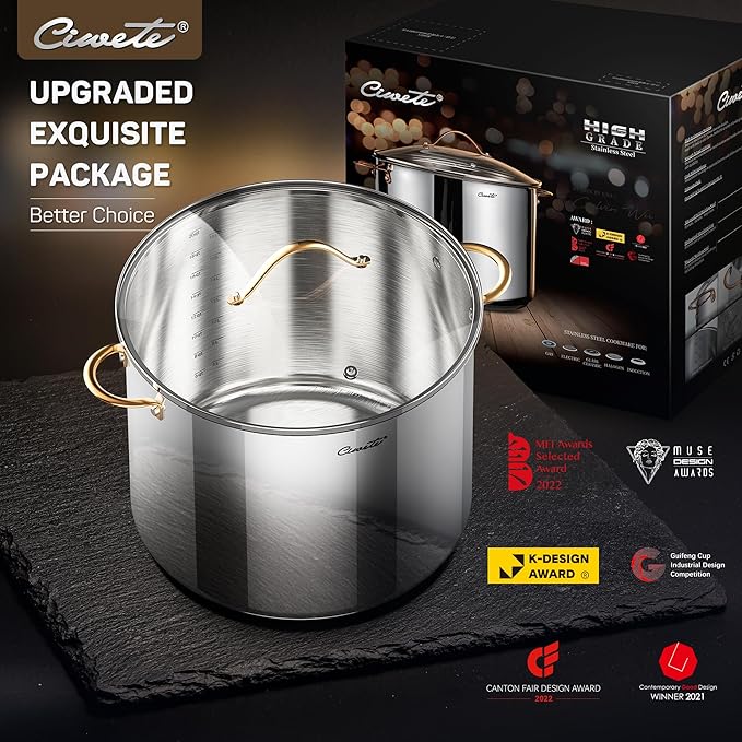 Stock Pot 20 Quart, 3 Ply Stainless Steel Stock Pot with Lid, 20 Quart Soup Pot with Copper Handle, Healthy Stockpots, Induction, Oven, Gas and Dishwasher Safe